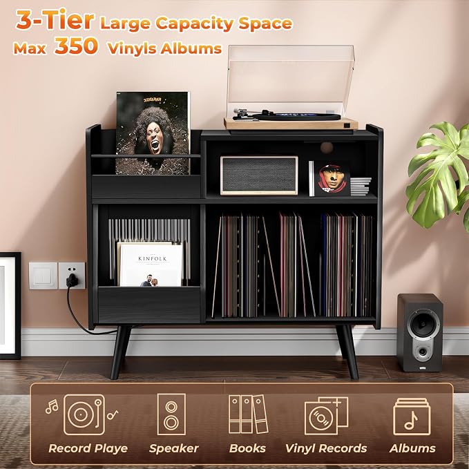 Large Record Player Stand with Sliding Door, 350 Vinyl Record Storage Cabinet