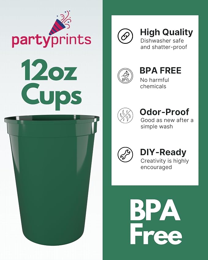 PartyPrints 100 Pack Small 10 to 12 oz Kelly Green Reusable Blank Plastic Cups