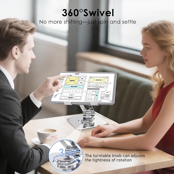 Tablet Stand for Desk, 360° Swivel for iPad Holder, Aluminum Adjustable Tablet