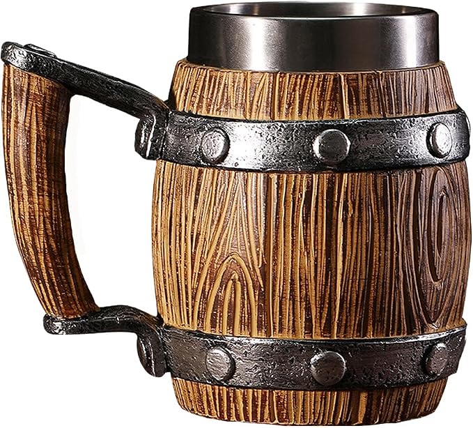 Nordic Viking Mug, pirate Beer Cup, Wooden Barrel Beer Mug Stainless Steel Liner