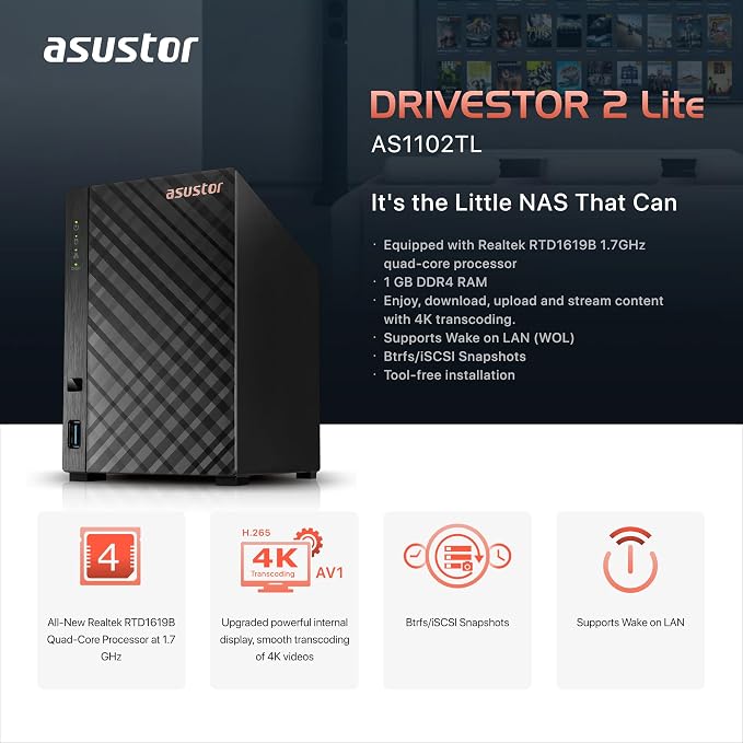 Asustor Drivestor 2 Lite AS1102TL, 2 Bay NAS, 1.7GHz Quad Core, 1GbE Port