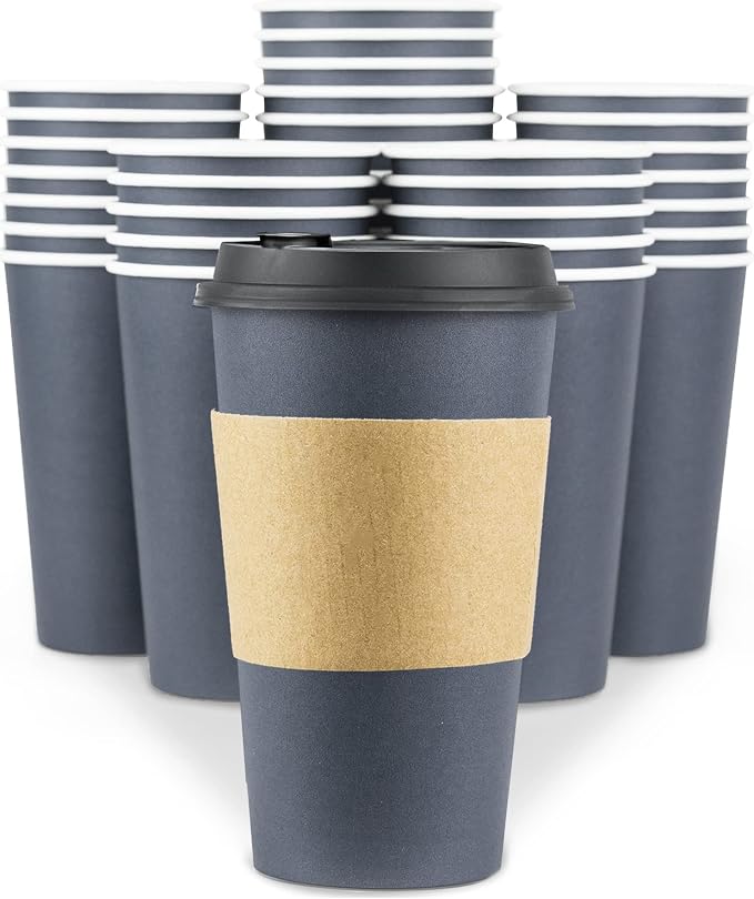 Disposable Coffee Cups With Lids - 16 oz To Go Coffee Cups With Sleeves and