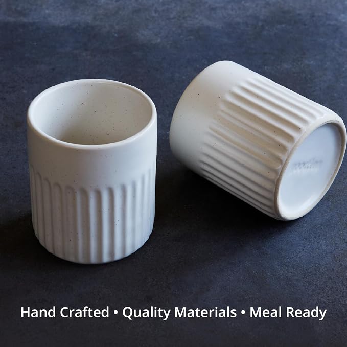 Goodies White Ribbed Water Cups, Handmade Ceramic, Dishwasher Safe, Microwave