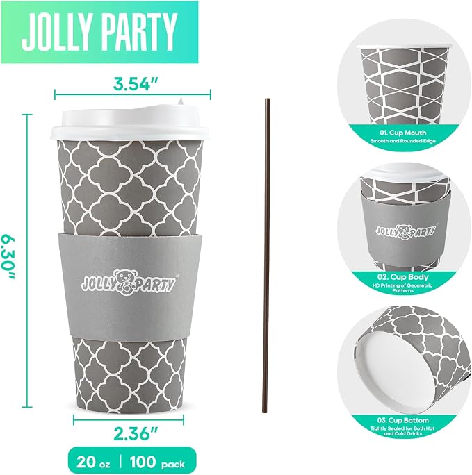 JOLLY PARTY 20 oz Paper Coffee Cups, Disposable Coffee Cups