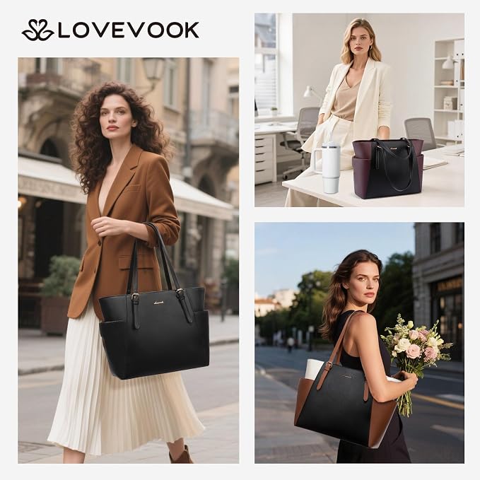 LOVEVOOK Laptop Tote Bag for Women, Leather Work Computer Briefcase Bag | Large