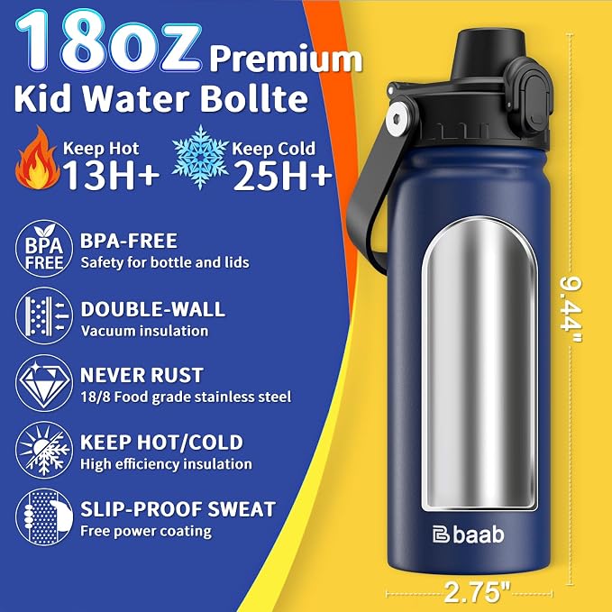 baab 18oz Kids Insulated Water Bottle 18/8 Stainless Steel Kids Cup 1 Pack |