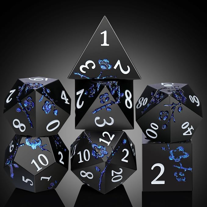 Glitter Blue D&D Metal Dice, DNDND 7 PCS Flower Metallic DND Dice Set
