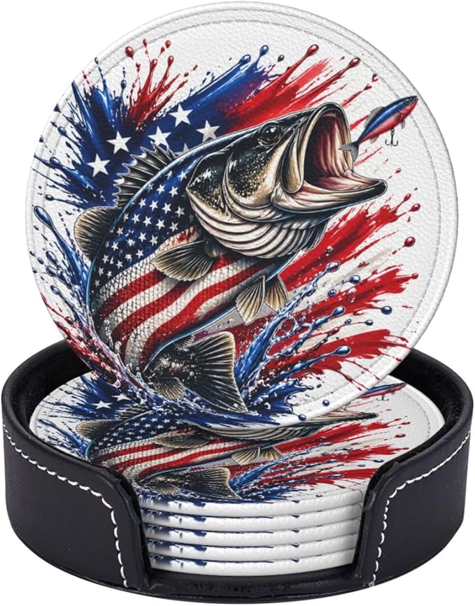 Patriotic Bass Fishing Splash Leather Coasters Set of 6