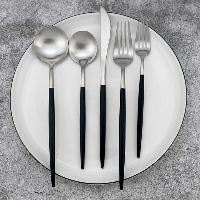 Black Handle Matte Silver Silverware Set