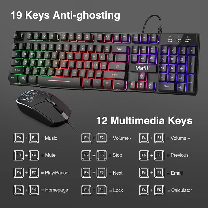 mafiti RK101 Computer Keyboard Mouse Combo Wired, RGB Backlit USB Keyboard
