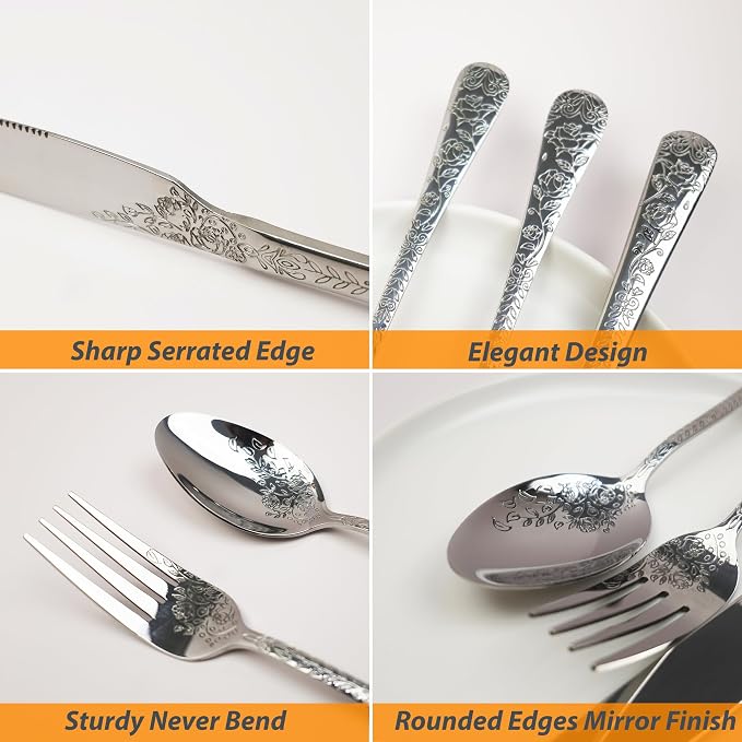 Runfly Modern Carved Floral Silver Stainless Steel 20-Piece Flatware Set |