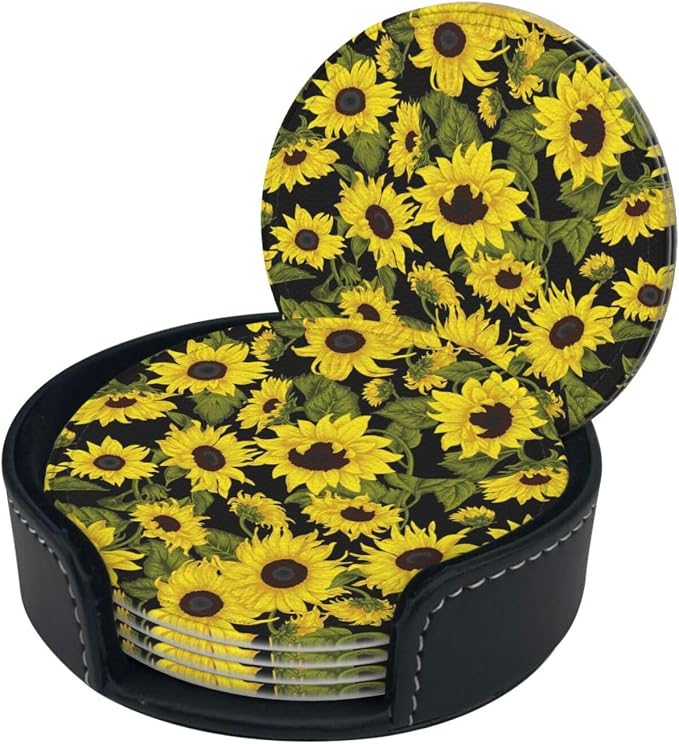 Drink Coasters with Holder Stand Set of 6, Sunflower Pu Leather Absorbent