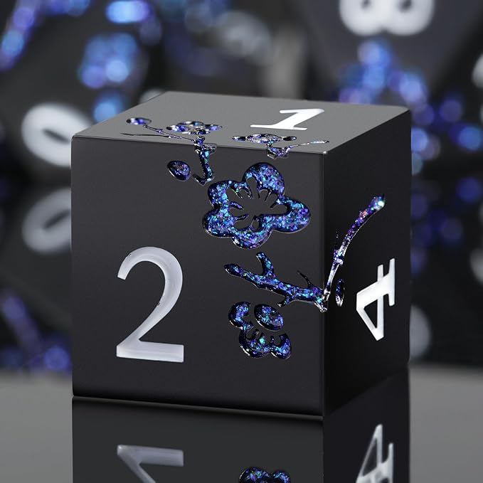Glitter Blue D&D Metal Dice, DNDND 7 PCS Flower Metallic DND Dice Set