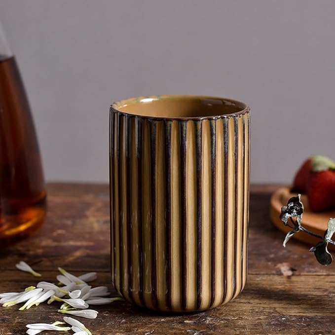 Vinitage Ceramic Mug, Japanese Tea Cup 10oz Striped Cup No Handle Drinking Cup
