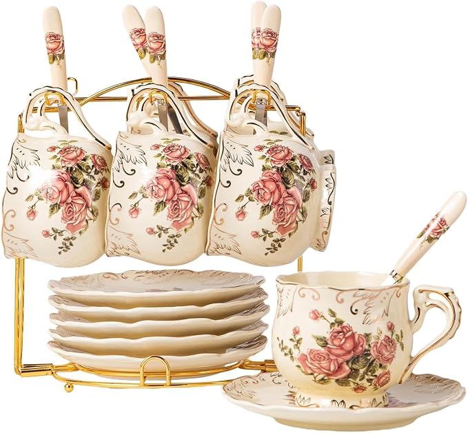 YOLIFE Tea Cups and Saucers Set of 6, 8 OZ Pink Rose Coffee Cups | Ivory