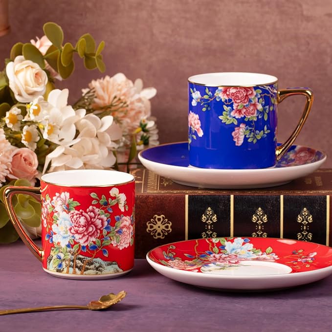 KAMMAK Tea Cup and Saucer, Ceramic Coffee Cups, 7.4 oz, Afternoon Tea and