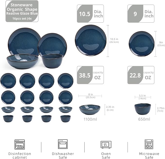 Highland 16pc Dinnerware Set, Unique Organic Shape Double Bowl, Stoneware Plate