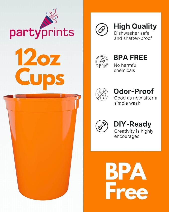 PartyPrints 10 Pack Small 10 to 12 oz Orange Reusable Blank Plastic Cups