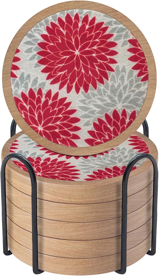 Wood Coasters Set of 6 with Holder, Cewiru Cup Mat