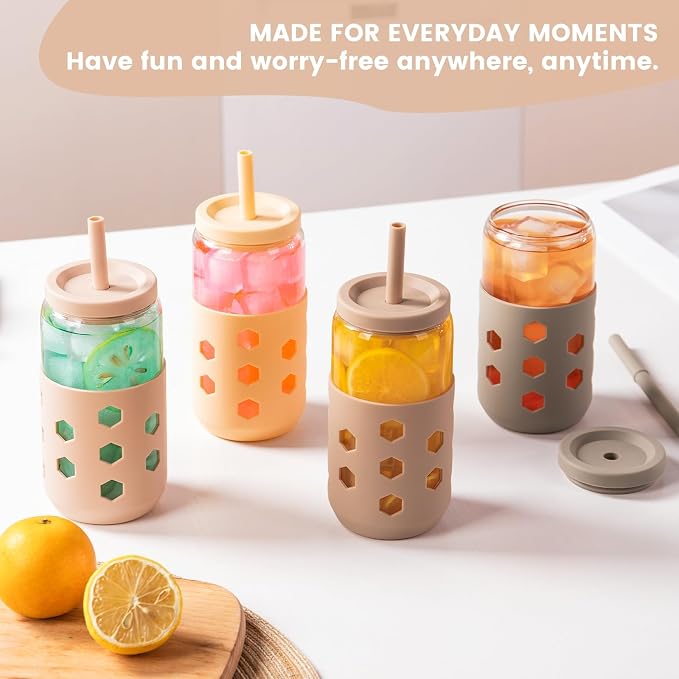 Mrsdry 16 oz Glass Cups with Lids and Straws