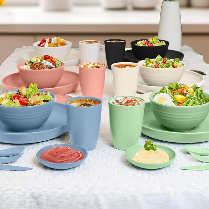 wheat straw bowls, cups and cutlery sets 28 pcs