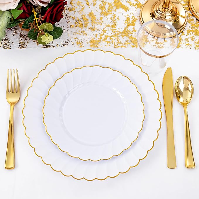YOUBET 350PCS White and Gold Scalloped Plastic Plates