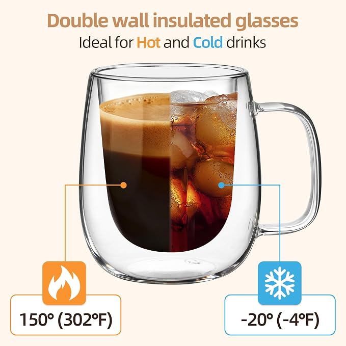 12 OZ Glass Coffee Mug Pack of 4, Double Wall Glass Mug