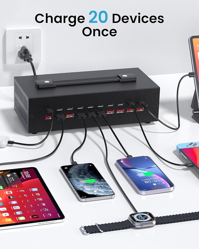 200W USB~c Charging Station, 20 Port USB Charger Block, Fast Charging Station