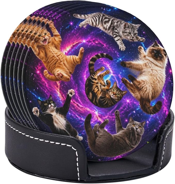 Cosmic Galaxy Cat Art Leather Coasters Set of 6