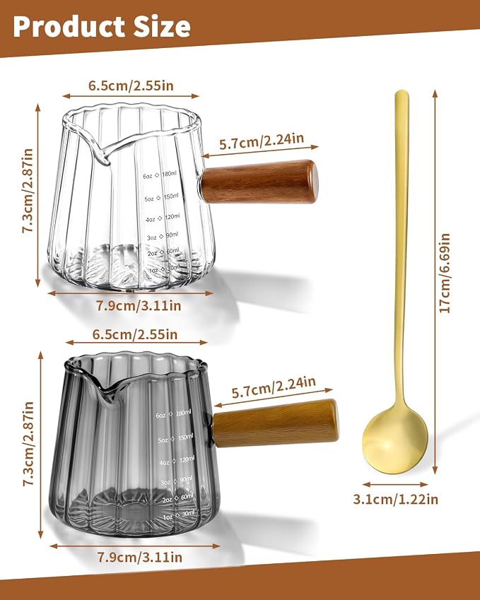 2 Pack Espresso Measuring Cups & 2 Spoons, 6oz Gray & Clear Borosilicate Glass