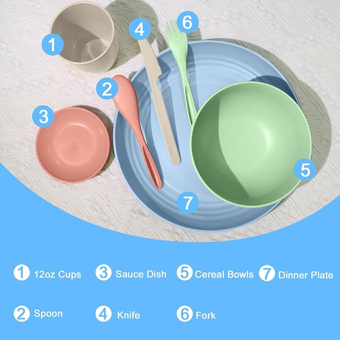 wheat straw bowls, cups and cutlery sets 28 pcs