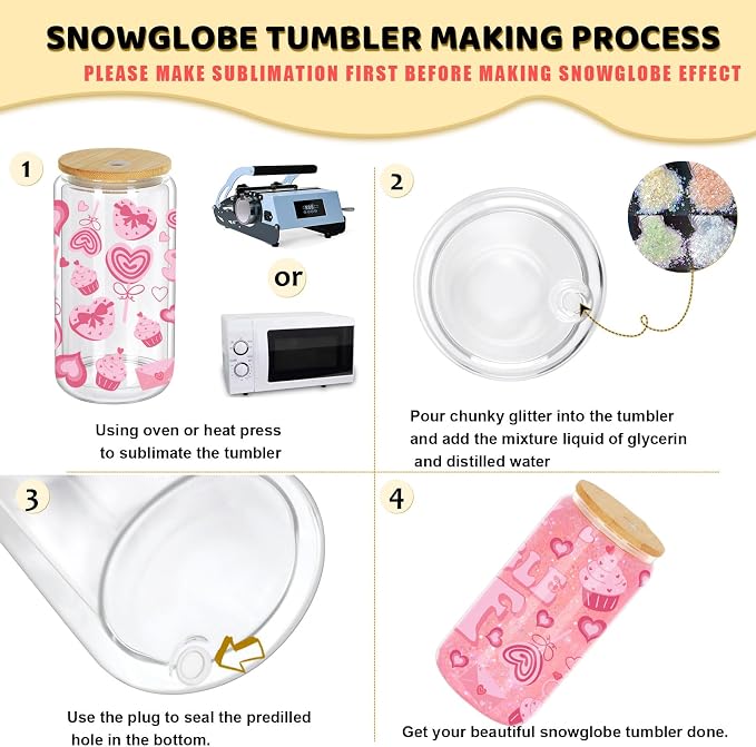16 Oz Snow Globe Tumbler, 6 Pack Pre-Drilled Sublimation Glass Cup