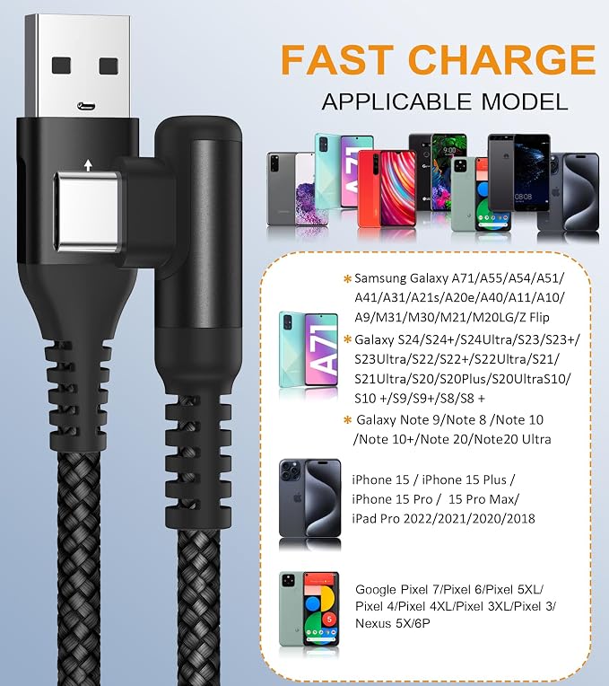 sweguard USB Type C Charger Cable Right Angle iPhone 16 Charger Nylon Braided
