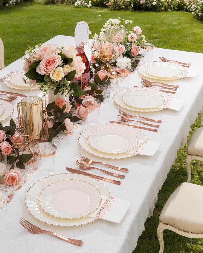 YOUBET 175PCS Ivory Scalloped Plastic Plates