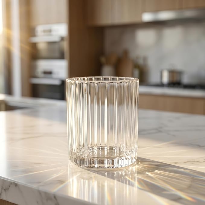 10oz Ribbed Glass Cups Set of 6, Vintage Glass Tumblers