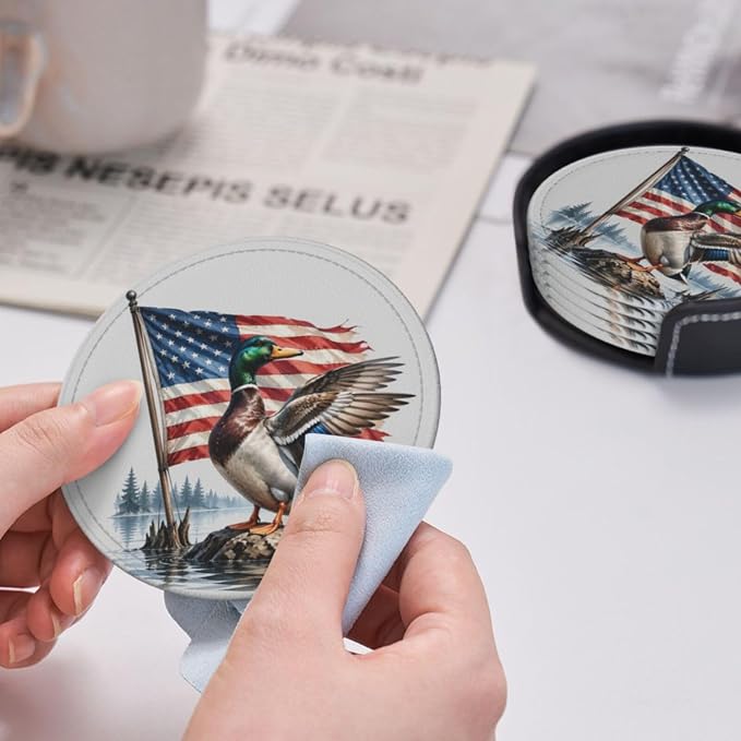 Patriotic Americana Hunting Mallard Duck Leather Coasters Set of 6