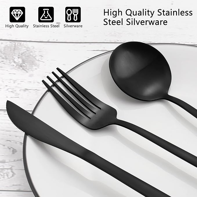 Matte Black Silverware Set, VANVRO 40-Piece Stainless Steel Flatware Set