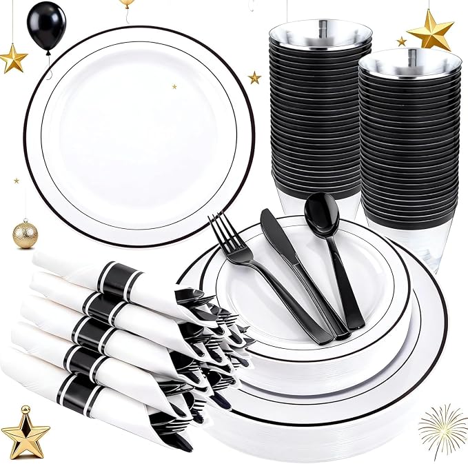 WELLIFE 210Pcs Black Plastic Dinnerware