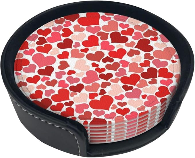 Drink Coasters with Holder Stand Set of 6, Heart Shaped Decoration Pu Leather
