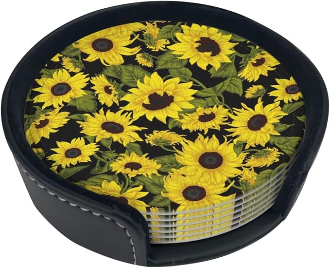 Drink Coasters with Holder Stand Set of 6, Sunflower Pu Leather Absorbent