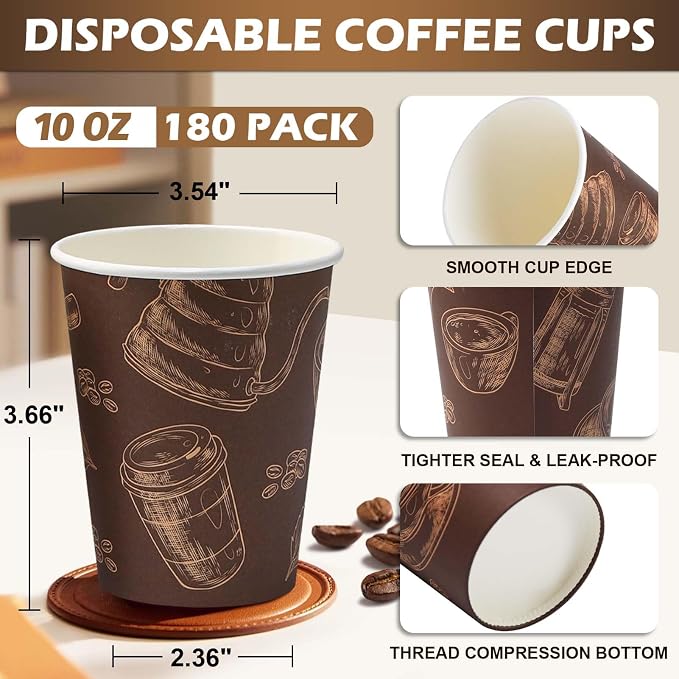 10 oz 180 Pack Disposable Paper Coffee Cups Hot/Cold Drinking Cups | Brown