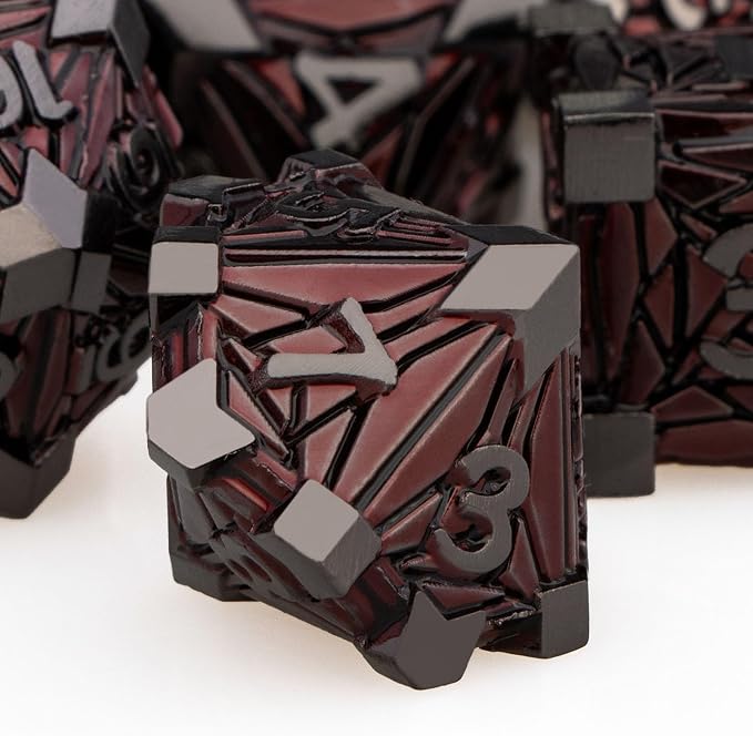 7PCS Metal DND Dice Set with Box, Debris RPG Red D and D Dice