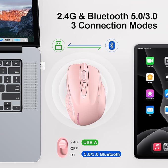 TECKNET Wireless Mouse Rechargeable 4800 DPI Silent USB A & Bluetooth Mouse 6
