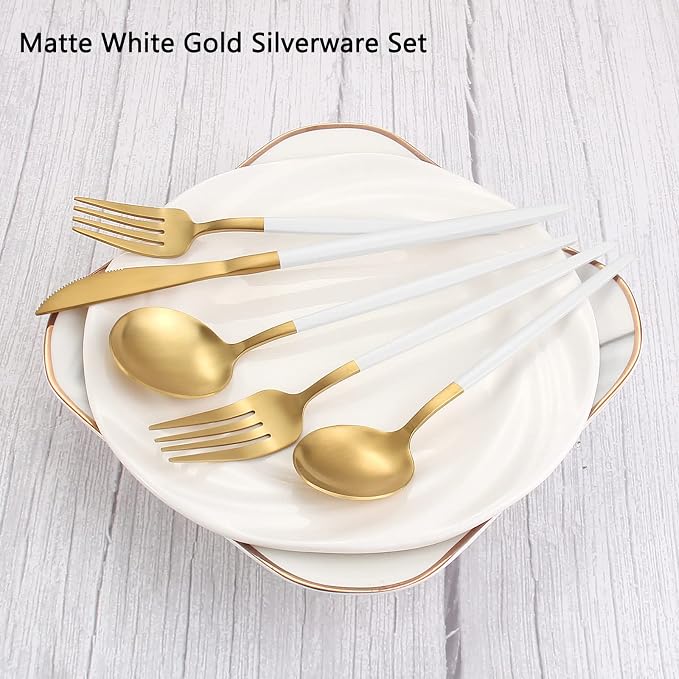 VANVRO Matte White Gold Silverware Set, 20-Piece Stainless Steel Flatware Set
