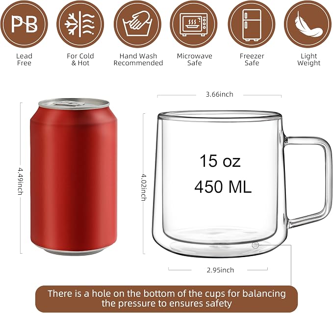 CNGLASS 15oz Double Walled Glass Coffee Mugs, Large Insulated Glass Mugs
