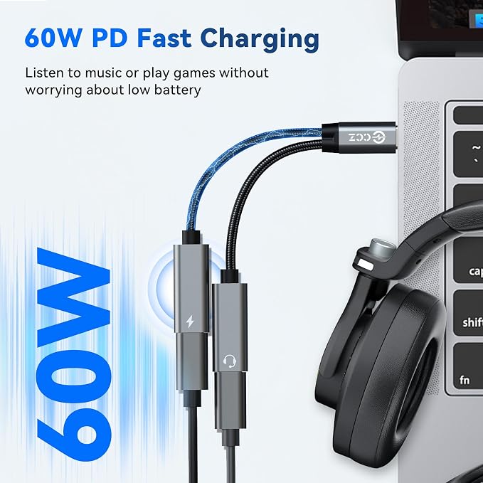 USB C Splitter, 1 in 2 Out Dual USB C Type Headphone and 60W PD Charger Audio