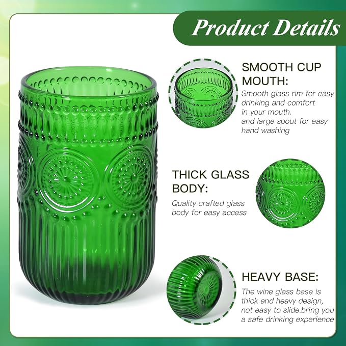CHLJAR Christmas Green Vintage Wine Drinking Glasses Set of 6, 14 oz hobnail