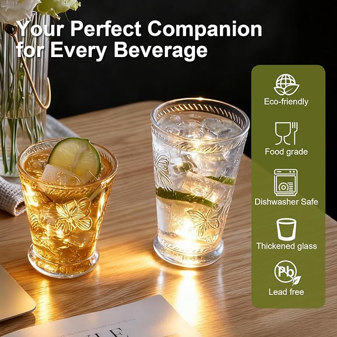 2 Pack Embossed Vintage Mixed Drinking Glasses, 12 Oz & 9 Oz Glasses | Embossed