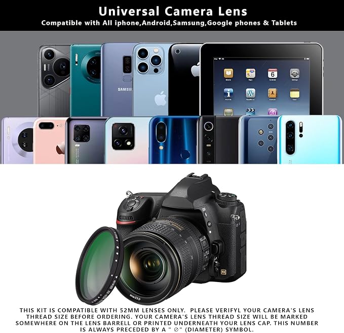 52MM Clip-on Variable ND2-32 Phone Lens Filter Kit, Ultra Slim Multi-Coated