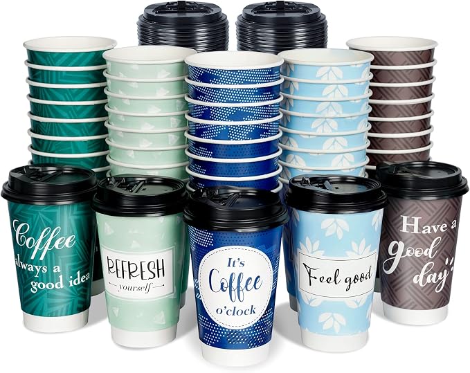 Disposable Coffee Cups with Lids 16 oz, 50 Pack Double-Walled Fun Designs